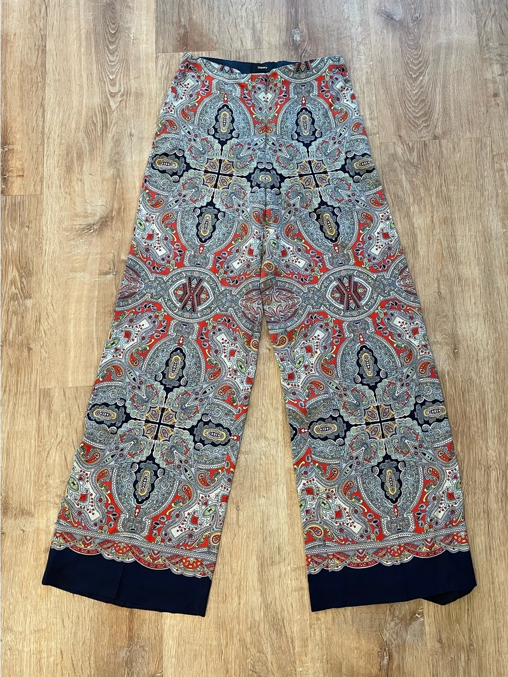 Theory 100% Silk XS 0 Wide Leg Pants in Multicolor Paisley with Navy Trim